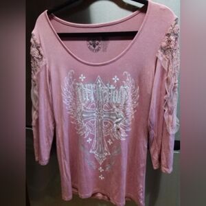 Affliction top, cashmere 3/4 sleeve in mauve with lace sleeves.  Size xl